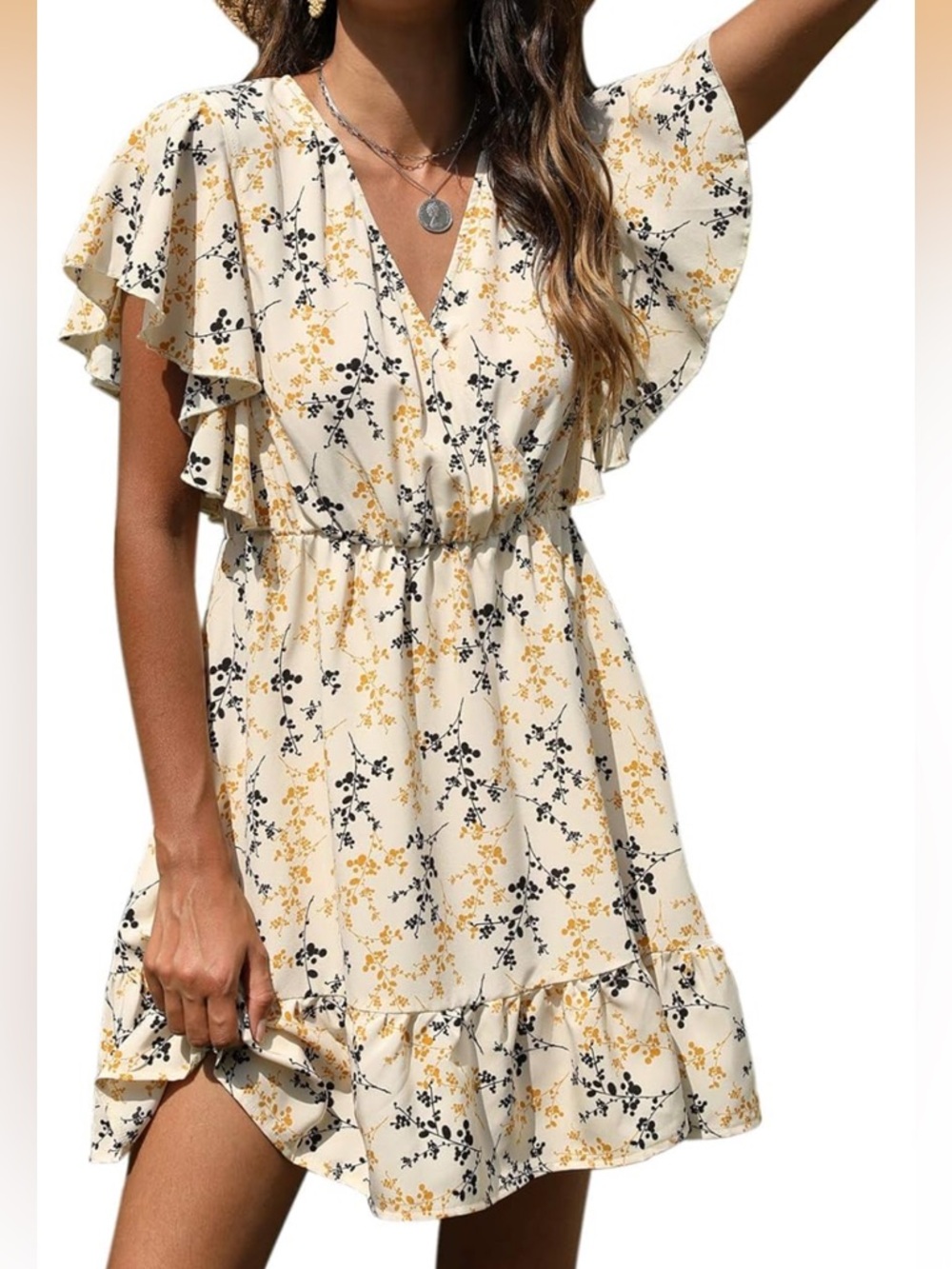 Women's Cream Floral Mini Dress with Ruffle Sleeves